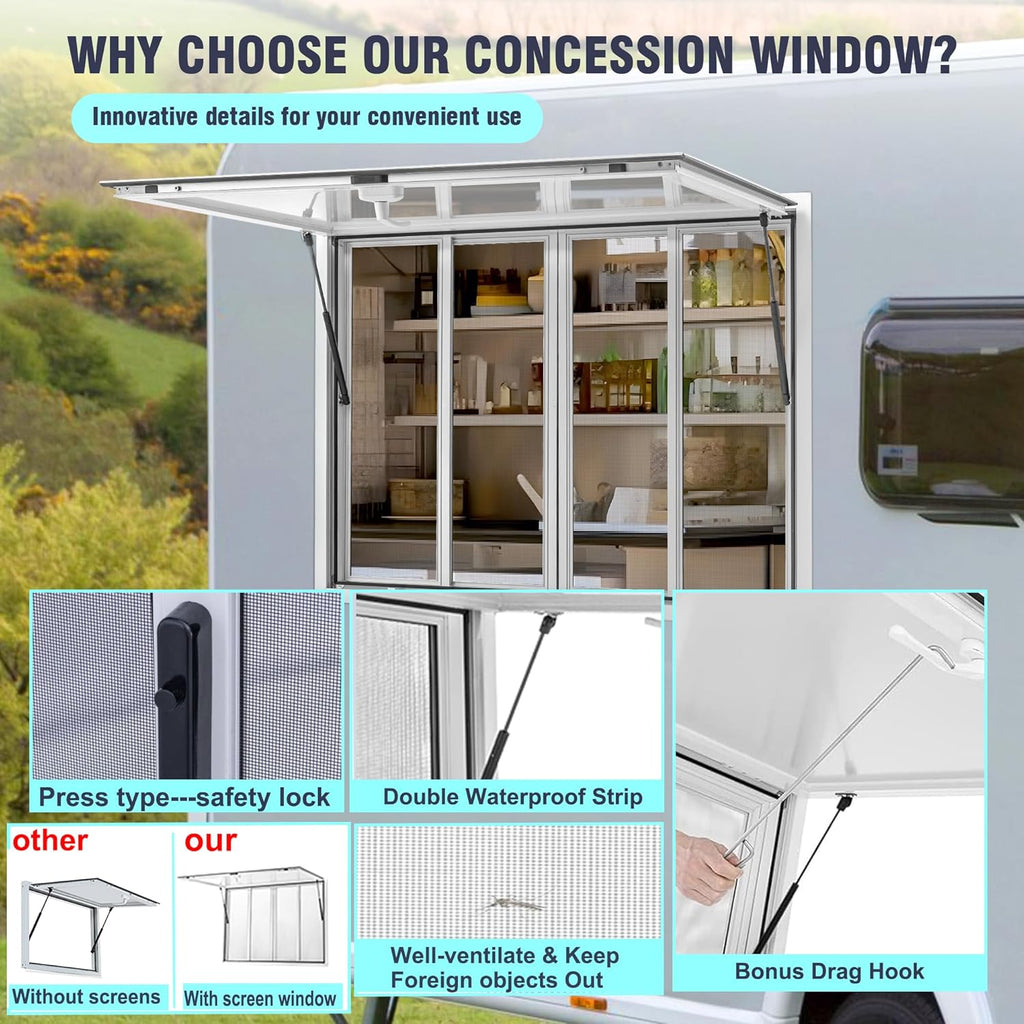 60" x 36" Concession Window for Food Truck, Aluminum Trailer Window with 4 Sliding 304 Stainless Steel Screens, Weatherproof, Lockable 85° Awning Door, w/Hook, No Glass