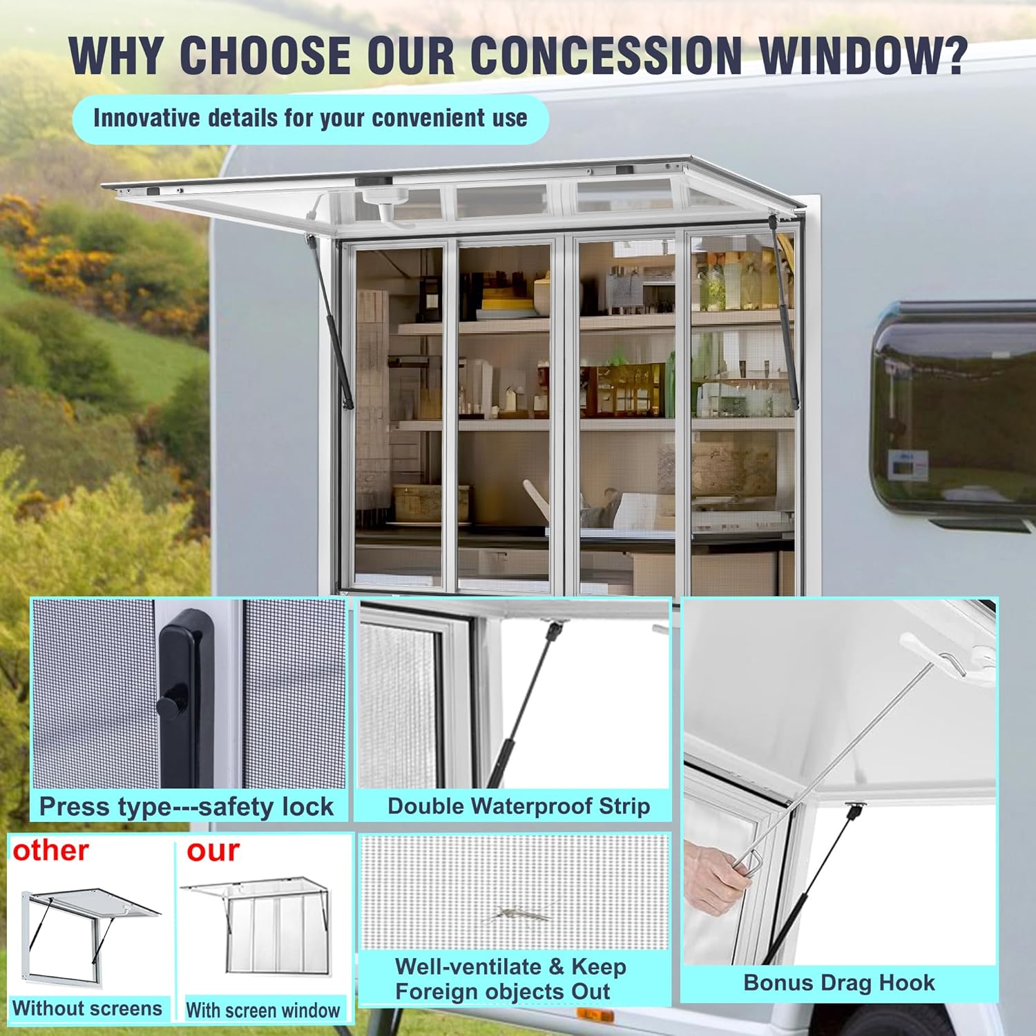 60" x 36" Concession Window for Food Truck, Aluminum Trailer Window with 4 Sliding 304 Stainless Steel Screens, Weatherproof, Lockable 85° Awning Door, w/Hook, No Glass