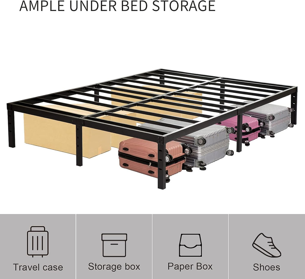 Wulanos Queen Size Bed Frame, 3500lbs Heavy Duty Metal Platform with Steel Slats Support, Sturdy and Noise-Free, 14 Inches High Bedframes with Ample Storage, No Box Spring Needed