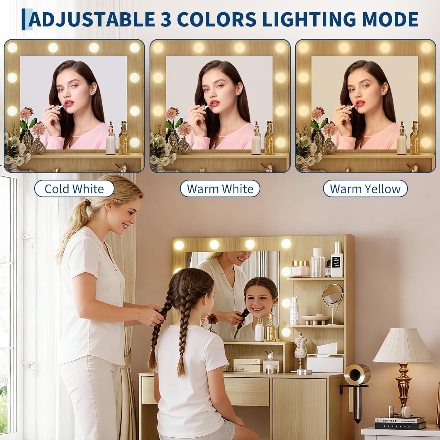 Garvee Vanity Desk with Mirror and Light, Makeup Dressing Table with Large Drawers and 3-Level Storage Dresser, 3 Lighting Modes Adjustable Brightness, Modern Vanity Set for Bedroom, Natural