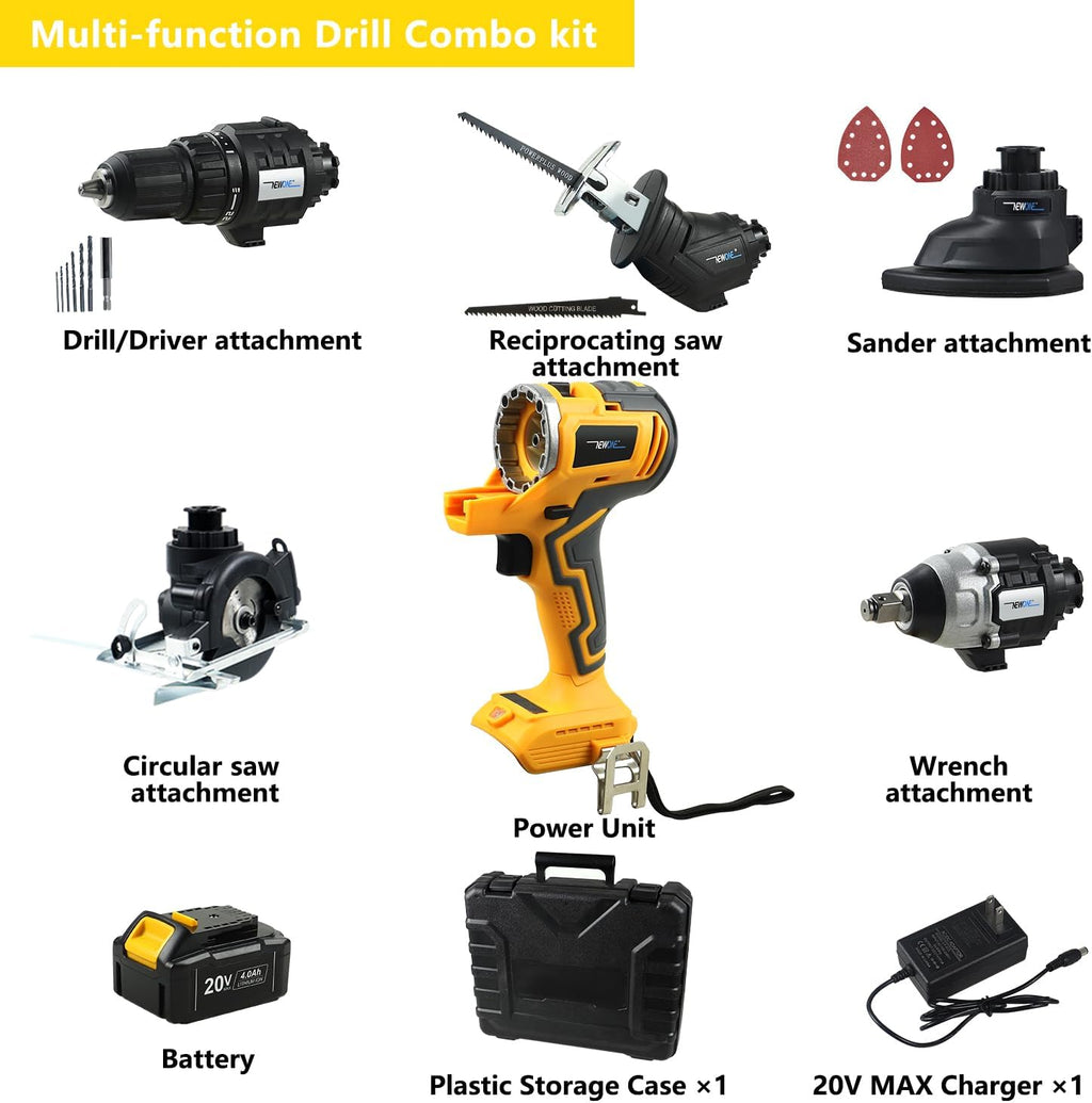 NEWONE 5-Tool Cordless Tool Combo Kit Compatible with De-Walt 20V Battery,Tool Set with Circular Saw, Drill,Reciprocating Saw, Impact Wrench, Sander with Accessories, 4.0Ah Lithium Battery and Charger