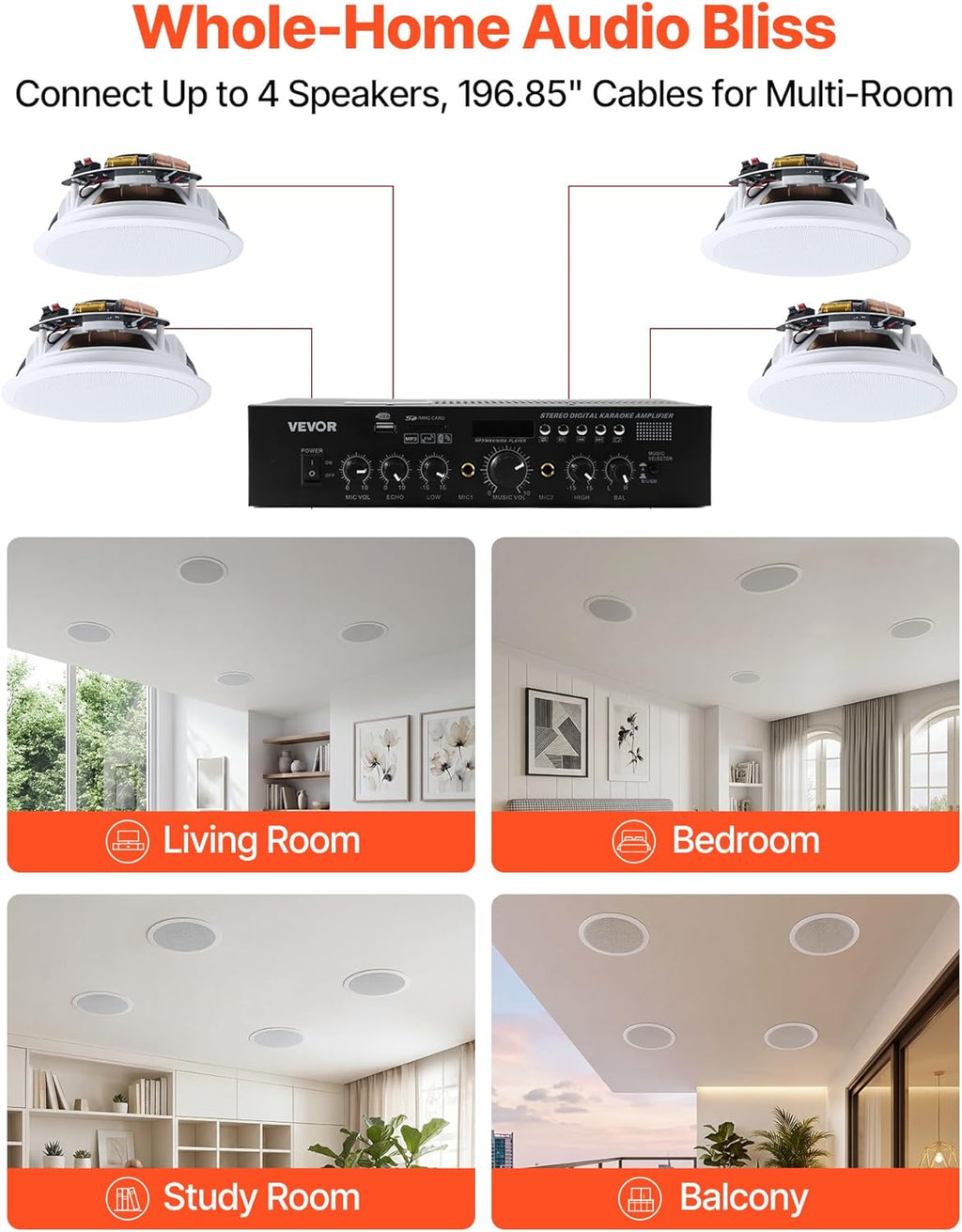 VEVOR Bluetooth Ceiling Speakers, 6.5", in Ceiling & in-Wall Speaker System with Amplifier, 2-Way, for Damp and Humid Placement, Home Theater, Covered Outdoor Patio and Flush Mount Wired, 4 Speakers