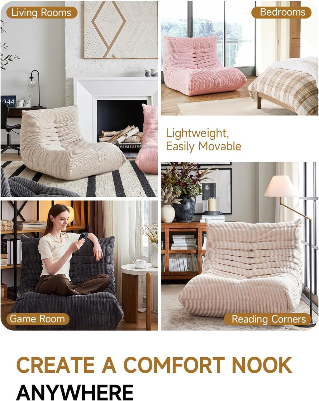 ZCUBED Large Bean Bag Chairs for Adults, Memory Foam Lounge Chair, Soft Corduroy Big Bean Bag Chair Lazy Sofa, Comfy Floor Beanbag Chair Single Sofa for Bedroom Living Room Fireside Book Nook, Pink