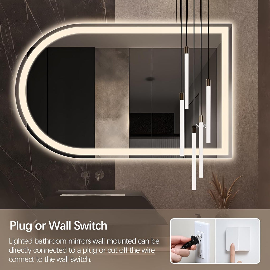 Niccy Arched LED Bathroom Mirror, 48x30 Arch Wall Mounted Frameless Bathroom Mirror for Vanity, Smart Lighted Frontlit Mirrors with Memory Function for Bathroom Bedroom Beauty Hair Salon