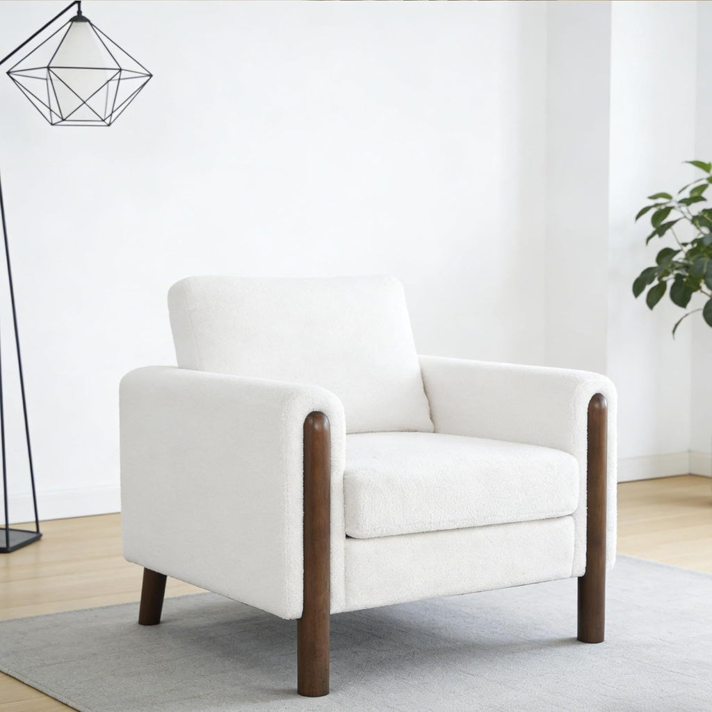 GDFStudio Teddy Fabric Accent Chair with Curved Armrests, Upholstered Single Sofa Chair with Walnut Wood Legs & Back Pillow, Comfy Reading Chair for Living Room Bedroom, White