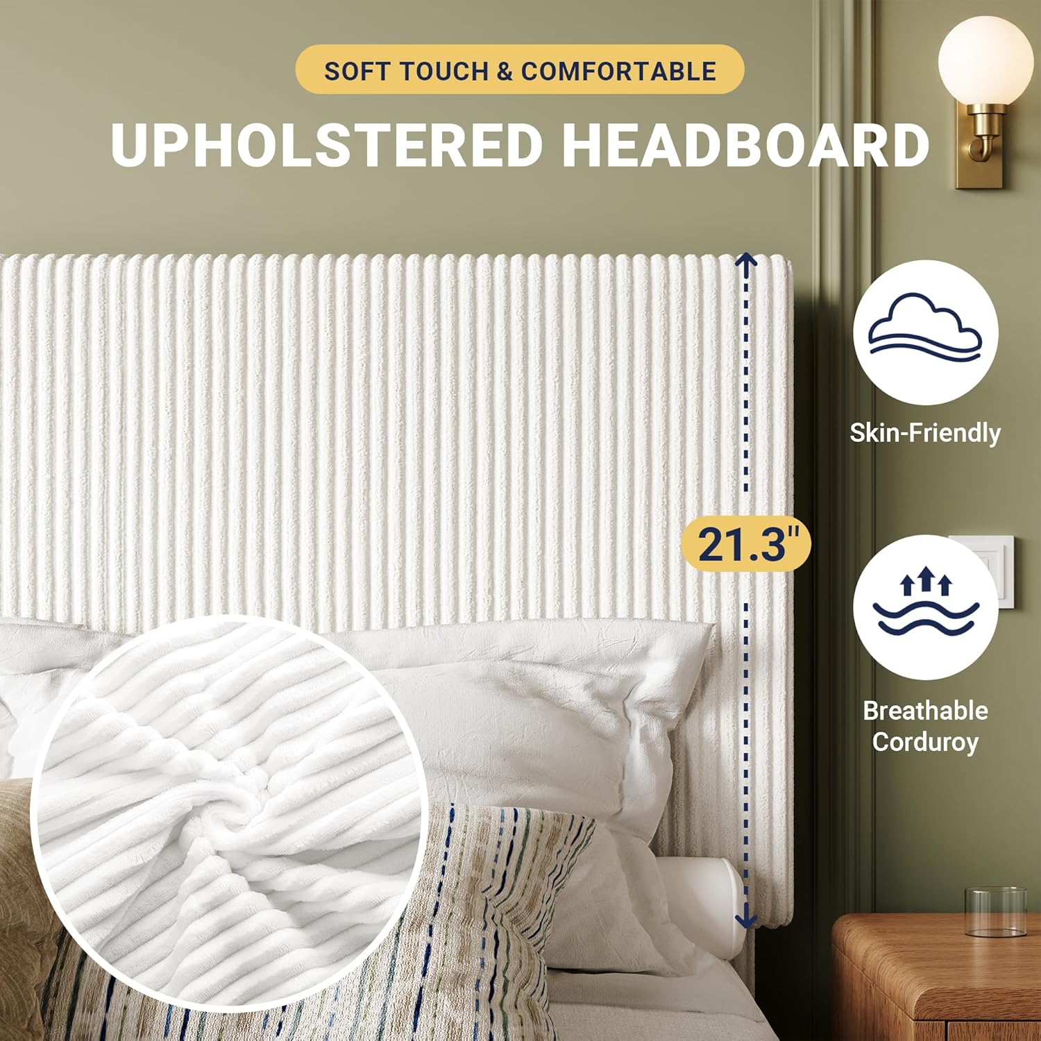 Allewie King Bed Frame, Upholstered Platform Bed, Adjustable Vertical Channel Tufted Headboard, Corduroy Fabric, Modern Low Profile, Wooden Slats, No Box Spring Needed, Easy Assembly, White