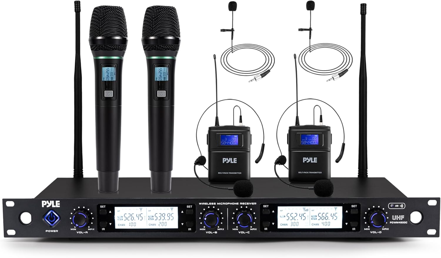 Pyle 4 Channel UHF Wireless Microphone System with 2 Handheld Mics, 2 Lavalier 2 Headsets & Beltpack Transmitters, 300ft Range, Rack Mount Receiver for Church, Meetings, DJ & PA Systems
