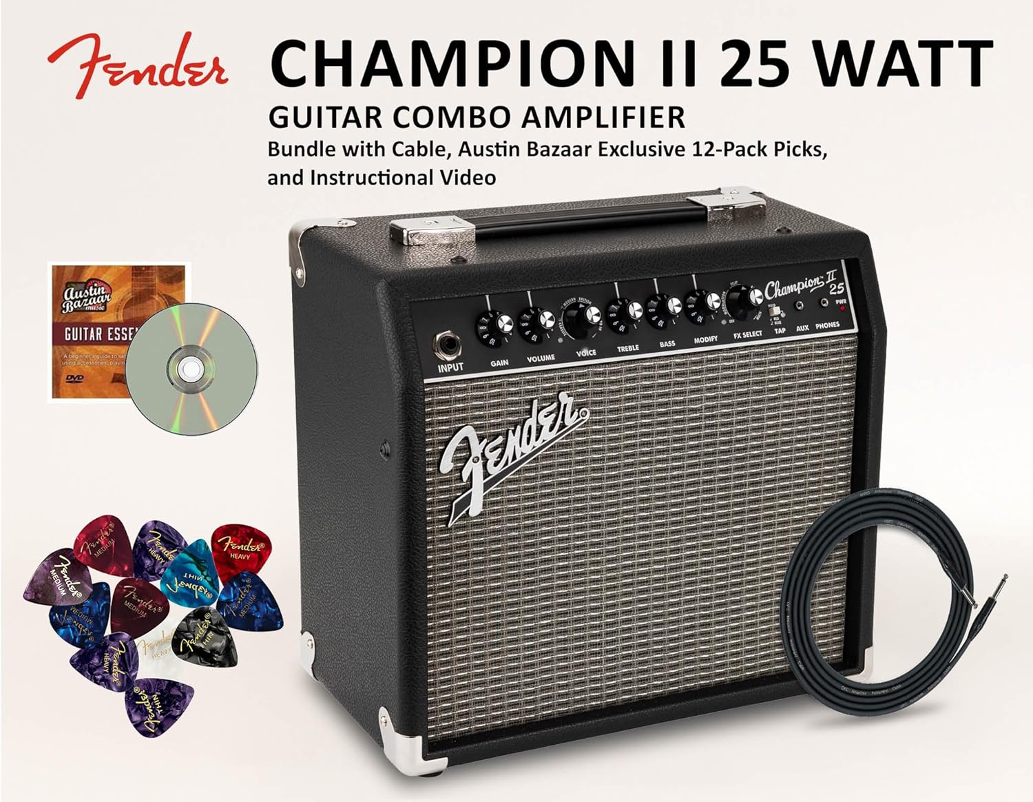 Fender Champion II 25-Watt Guitar Combo Amplifier Bundle with Instrument Cable, Picks, and Austin Bazaar Instructional Video