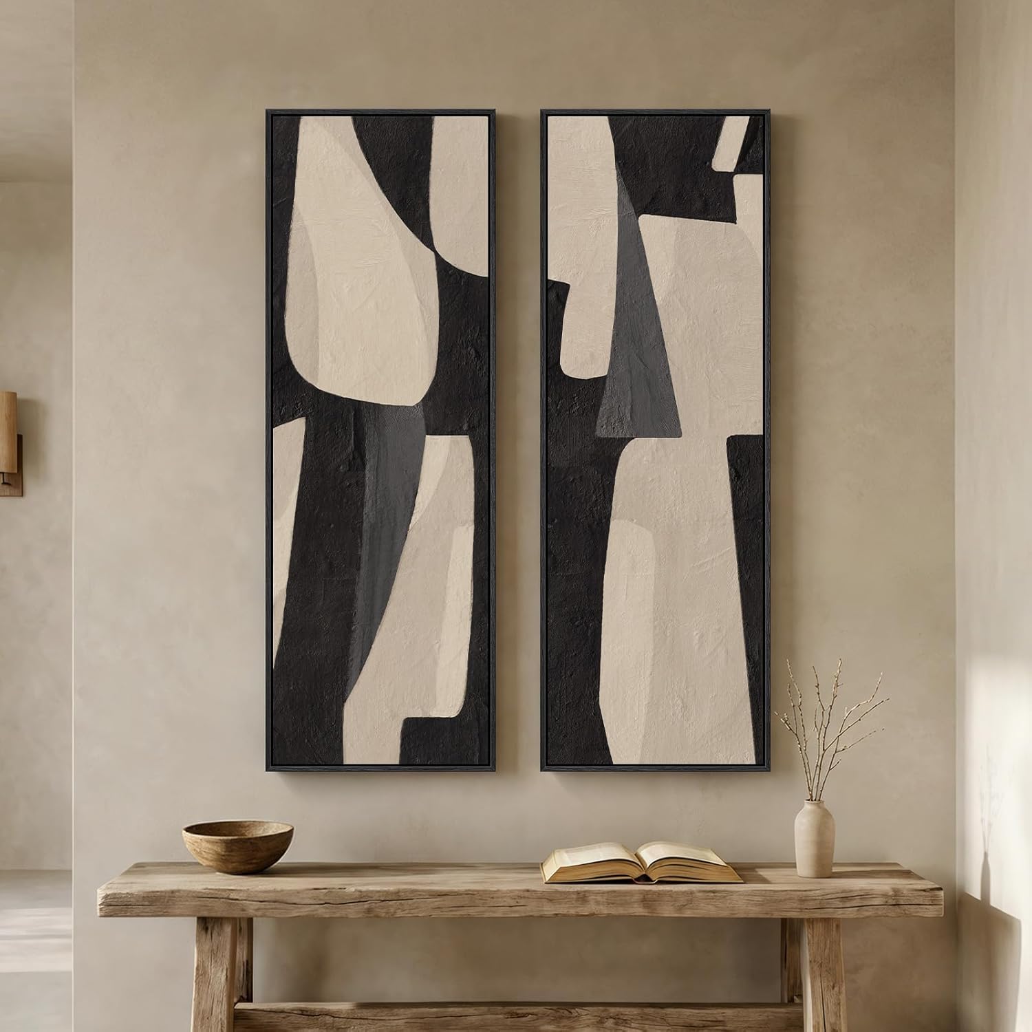 Long Narrow Framed Neutral Abstract Vertical Wall Art, Set of 2 Modern Canvas Prints Paintings Artwork for Walls, Black and Beige Minimalist Pictures Living Room Bedroom Hallway Entryway Wall Decor