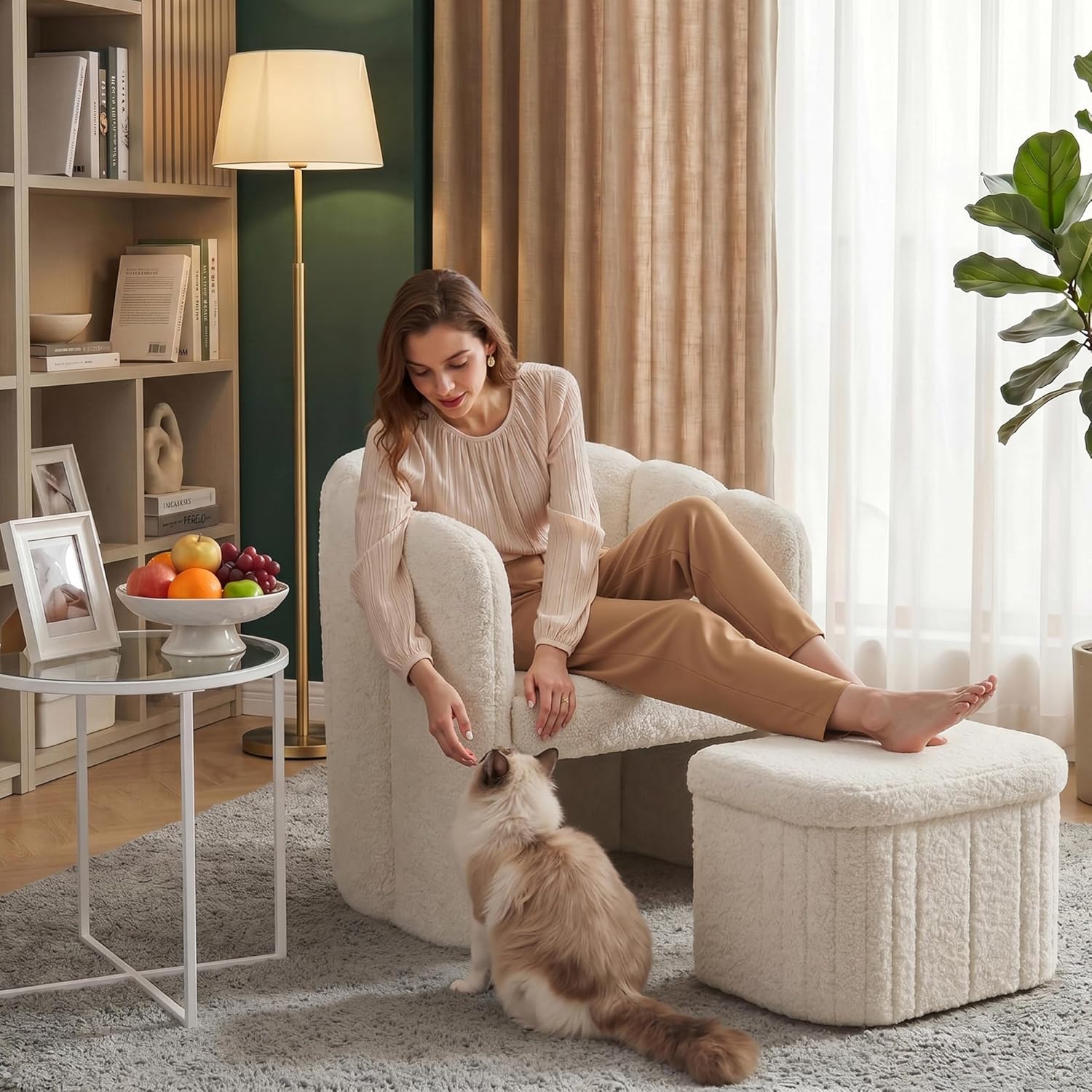 Homkdom Barrel Accent Chair with Storage Ottoman, Teddy Fleece Shell Back with Lumbar Support, Spring Foam Seat, 300 lbs, for Bedroom Reading Corner, Creamy White