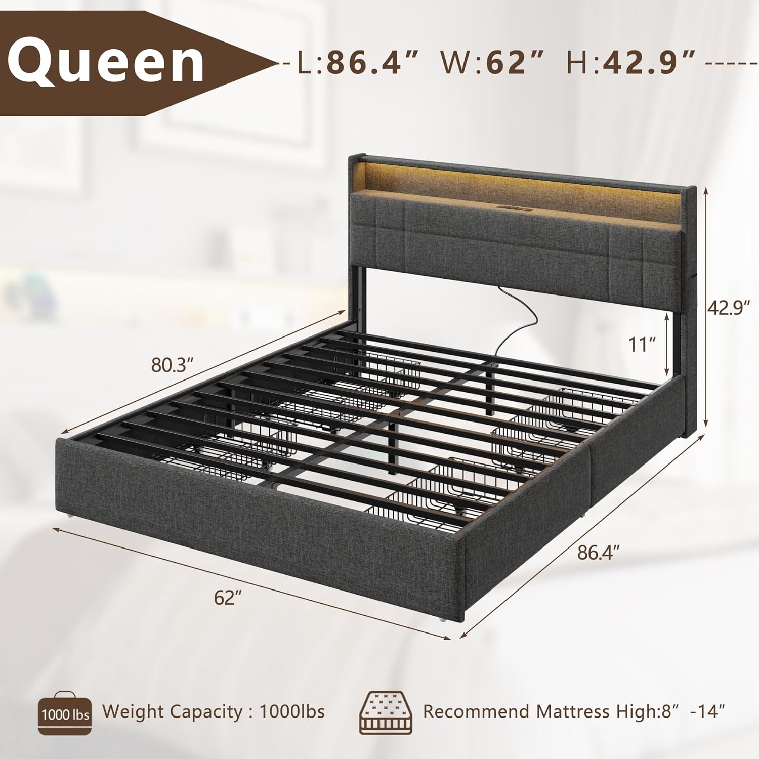 Forestell Queen Bed Frame with 4 Drawers and Storage Headboard, Grey Upholstered Platform Bed Frame Queen Size with Charging Station and LED Lights, Metal Slats Support, No Box Spring Needed