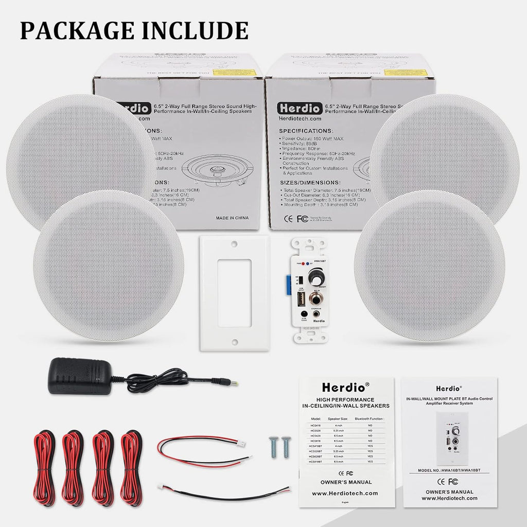 Herdio 6.5'' Bluetooth in Wall in Ceiling Speakers 600W 2-Way Flush Mount Speakers System with Wall Amplifier Receiver for Home Theater Office (2Pairs, Paintable-Grille)