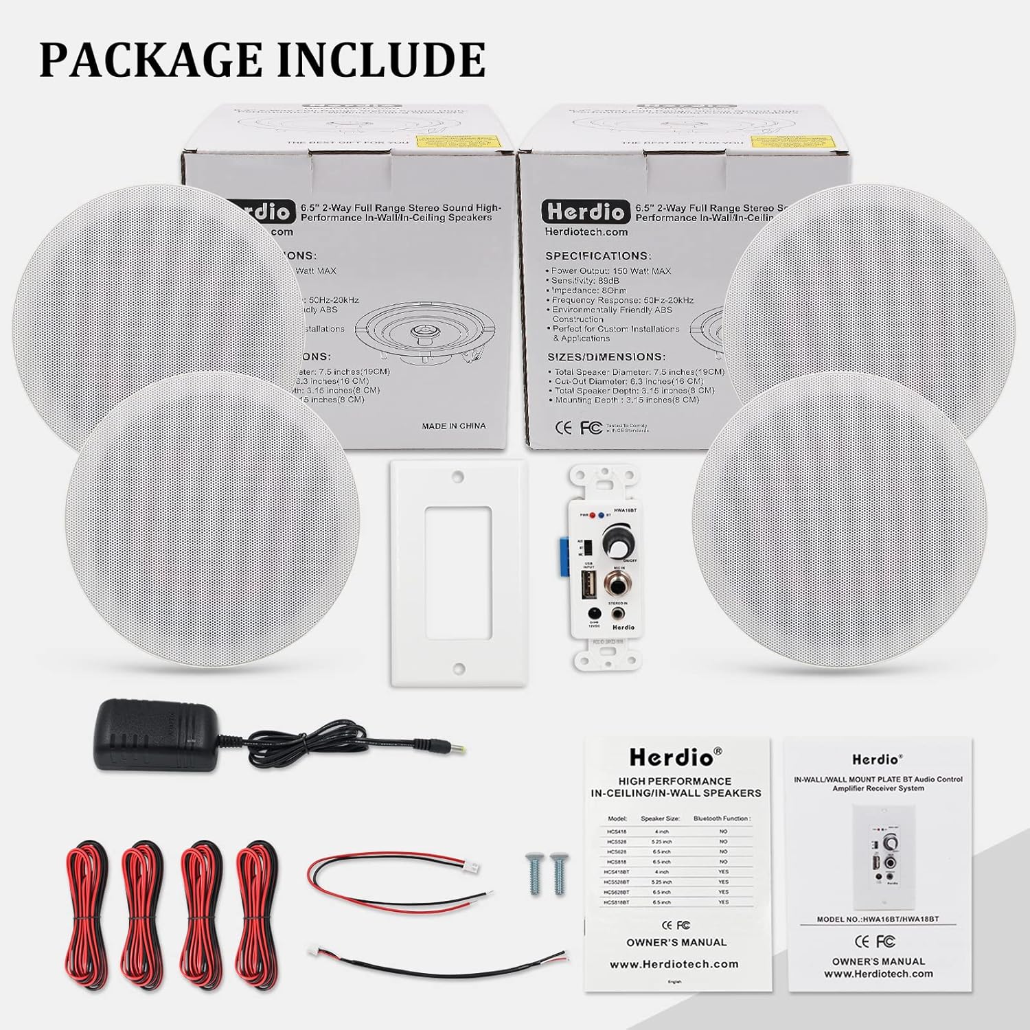 Herdio 6.5'' Bluetooth in Wall in Ceiling Speakers 600W 2-Way Flush Mount Speakers System with Wall Amplifier Receiver for Home Theater Office (2Pairs, Paintable-Grille)