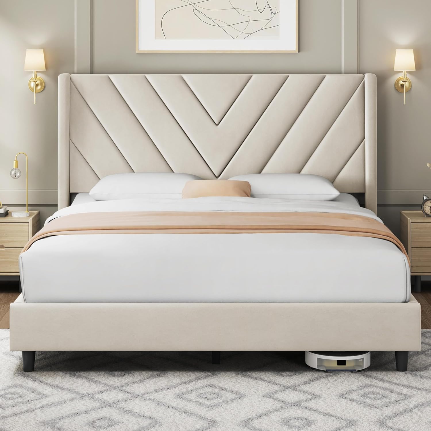 Yaheetech Queen Bed Frame Upholstered Platform Bed/Wooden Slat Support/Tufted Headboard with Wing Side/Mattress Foundation/No Box Spring Needed,Beige Queen