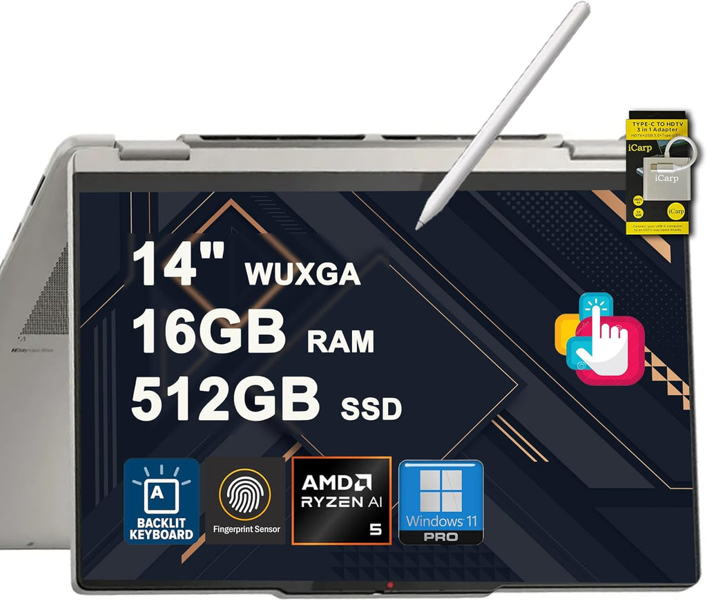 Lenovo Yoga 7 2-in-1 Laptop 14" WUXGA OLED Touch (100% DCI-P3, 600nits HDR) AMD 6-core Ryzen AI 5 340 (Up to 50 Tops) 16GB RAM 512GB SSD Pen for Designer Business Work Win11Pro ICP Hub