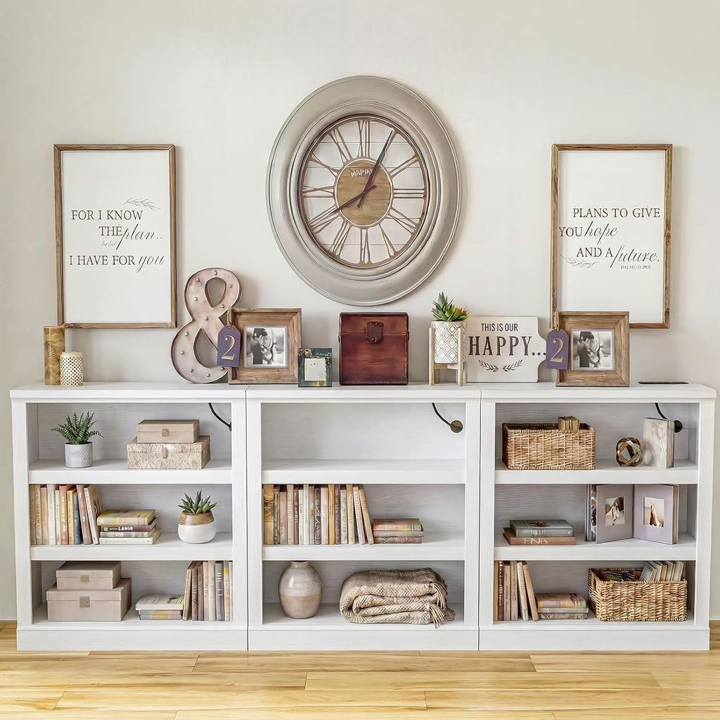 Unikito 3-Tier Storage Bookcase with Adjustable Shelves, Modern Wood Storage Organizer Rack, Free Standing Decorative Display Shelf for Home Office, Living Room and Bedroom-White