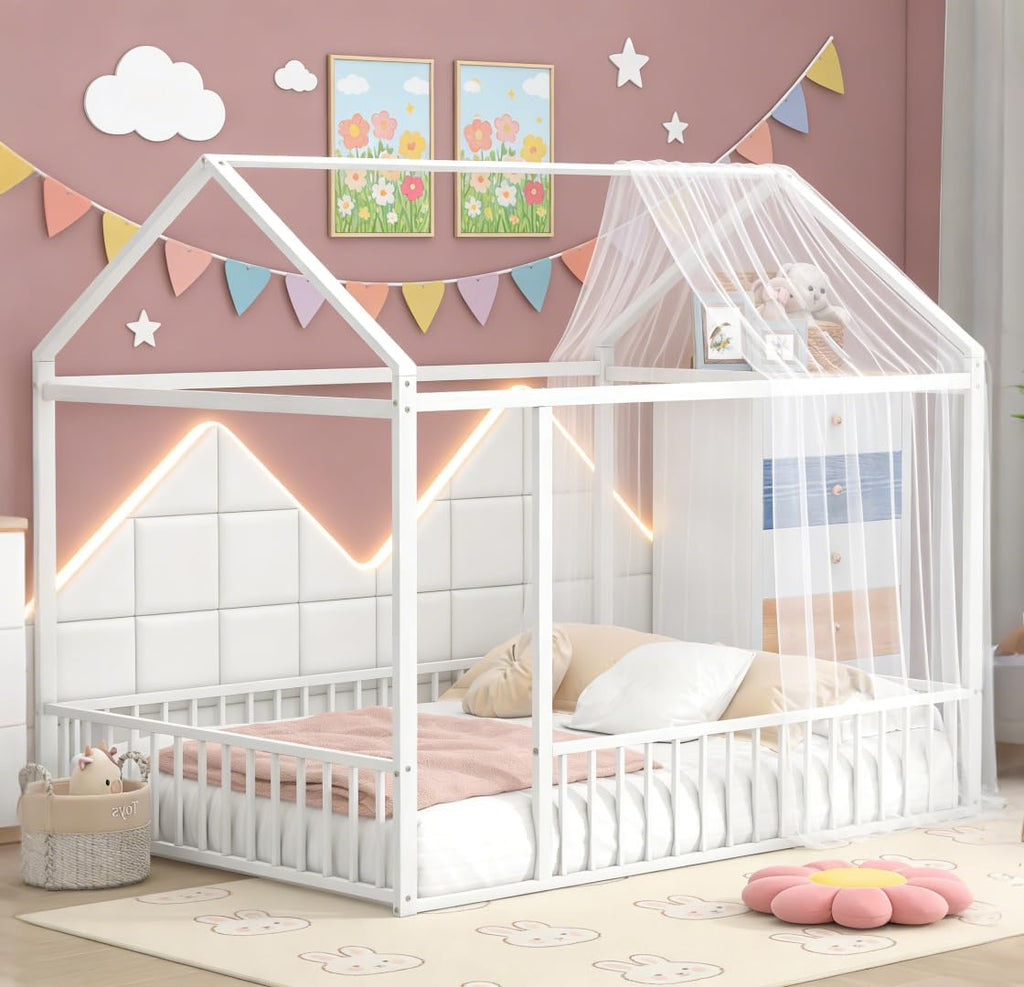 Bellemave Full Size House Floor Montessori Bedframe with Rails and roof, Metal House Bed for Kids, Montessori Floor Beds for Kids White