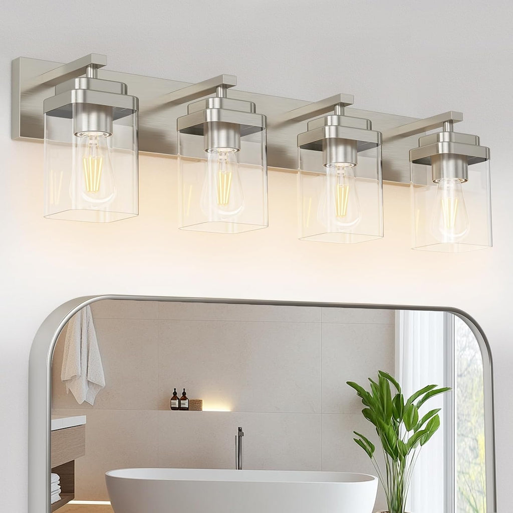 Brushed Nickel Bathroom Light Fixtures, 4 Lights Bathroom Lighting Fixtures Over Mirror, Square Design & Rectangle Large Backplate, Modern Vanity Lighting Fixtures, for Living Room/Bedroom