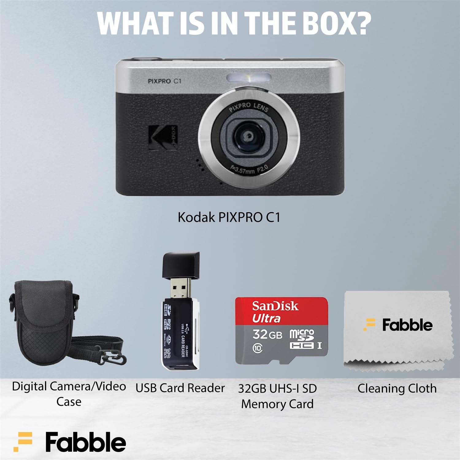 Kodak PIXPRO C1 Compact Digital Camera (Black) Bundle with 32GB microSDHC Card, Protective Camera Case, Hi-Speed USB Card Reader, USB-C Cable, AC Adapter, and Manufacturer Accessories