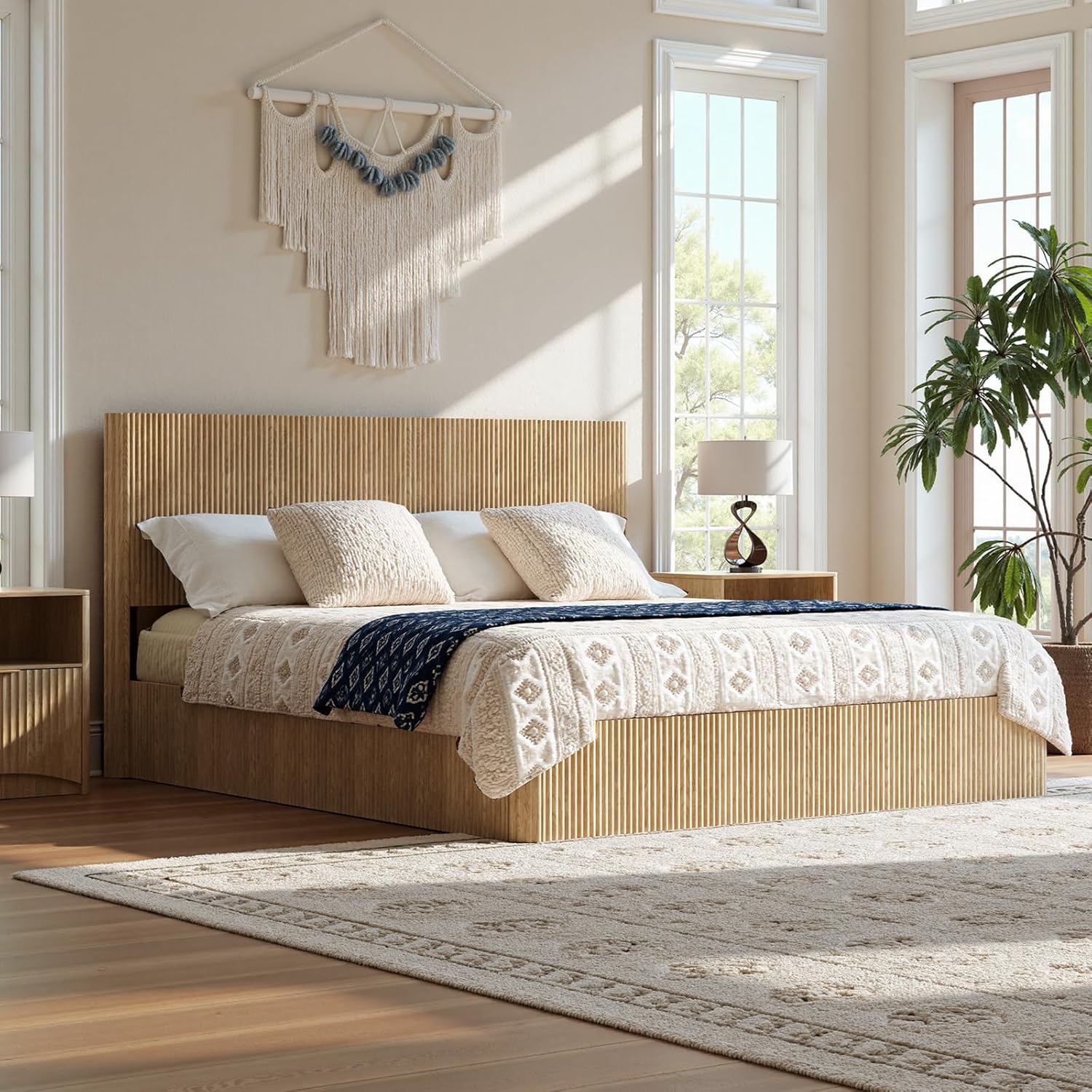 Evermagin Natural King Lift Up Storage Bed Frame, Mid Century Modern Fluted Bed Frame, Wood Hydraulic King Size Bedframe with Headboard