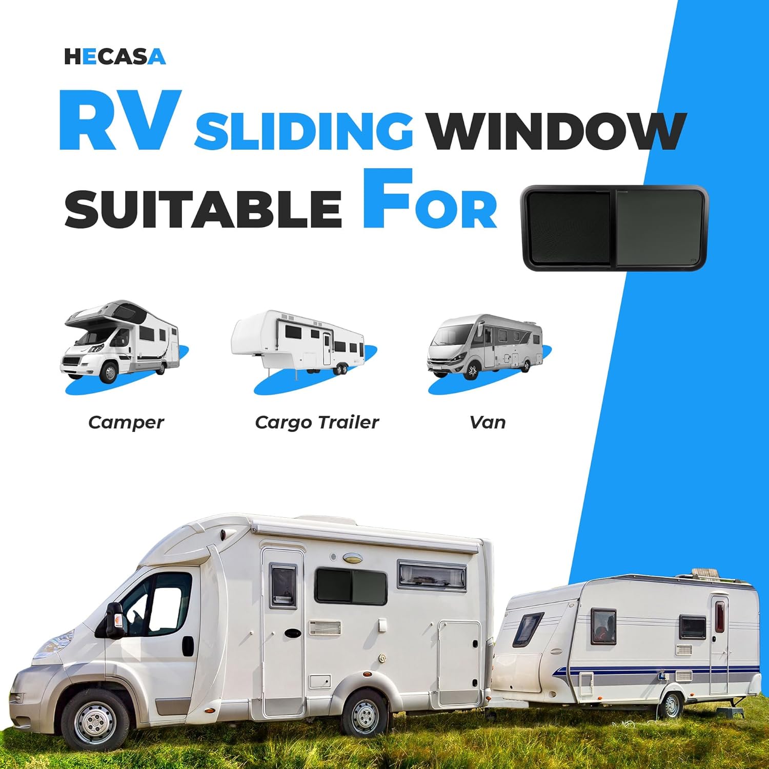 HECASA 48" W x 22" H Horizontal Slide RV Window Replacement W/Net Screen For Cargo Travel Trailer, Camper, Cargo Van