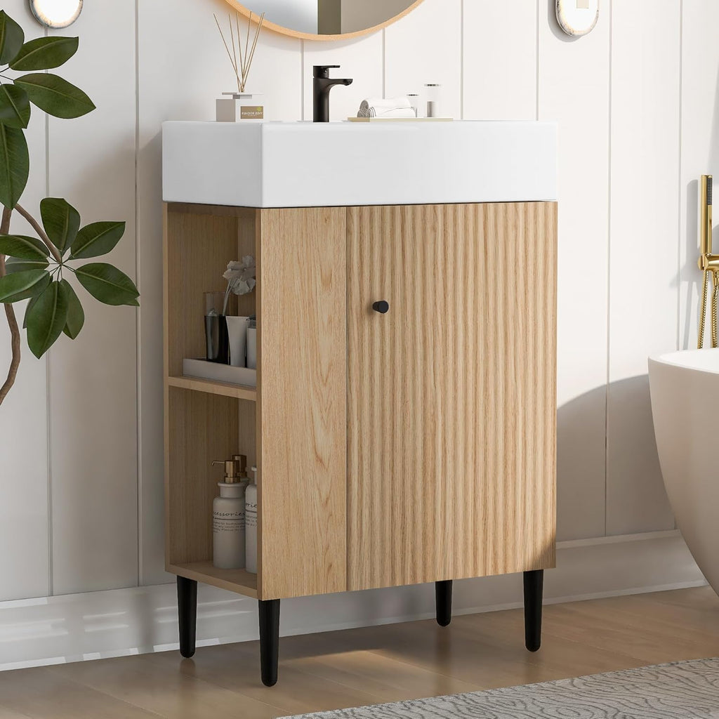 Merax 20 Inch Bathroom Vanity with Sink, Narrow Depth Bathroom Vanities,Wood Vanity Cabinet,Soft Closing Door,Freestanding Sink Cabinet W/Open Side Shelves, Oak
