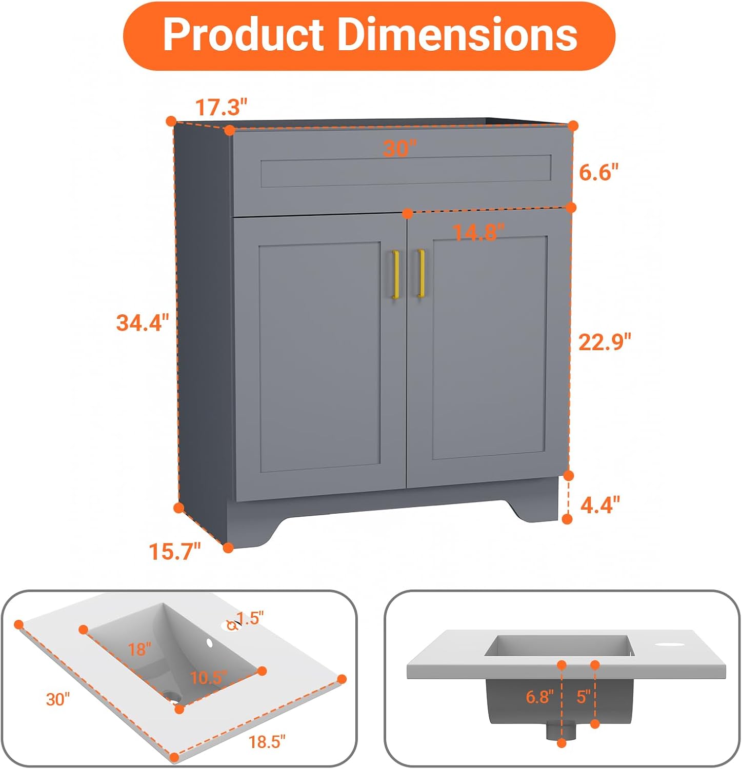 30 Inch Bathroom Vanity with Sink, Modern Bathroom Vanity with Ceramic Basin and Countertop, Easy Assembly, Grey
