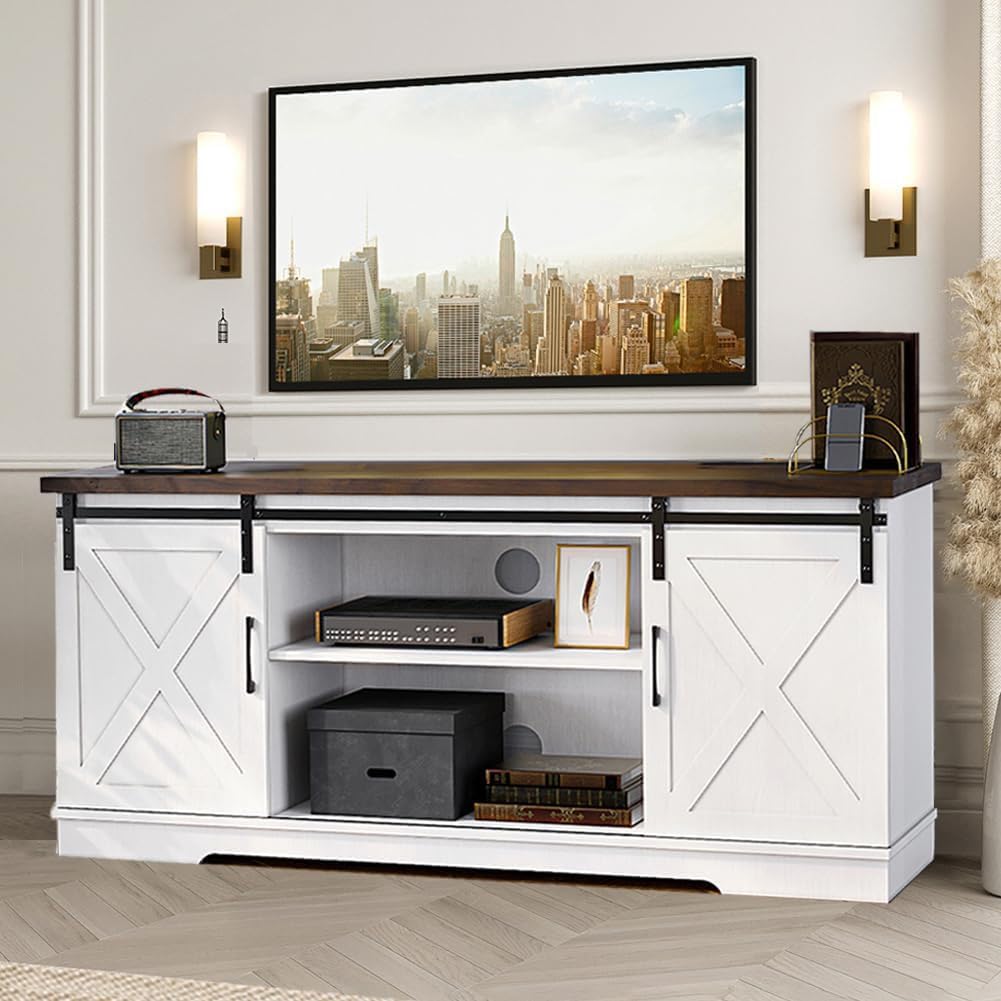 IDEALHOUSE Farmhouse Tv Stand for 65 inch TVs, Entertainment Center with Sliding Barn Doors and Adjustable Shelf, Modern Storage Media TV Console TV Stand Table for Living Room, Bedroom, White & Brwon