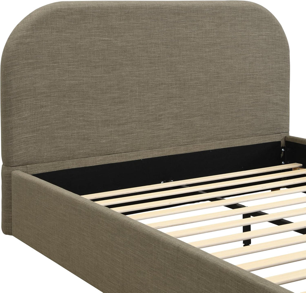 Merax Queen Size Bed Frame, Upholstered Linen Platform Bed with 43.7" Tall Headboard & Footboard, Solid Wood Base, Soft Curved Edges Design Queen Bedframe, No Box Spring Needed, Easy Assembly, Green