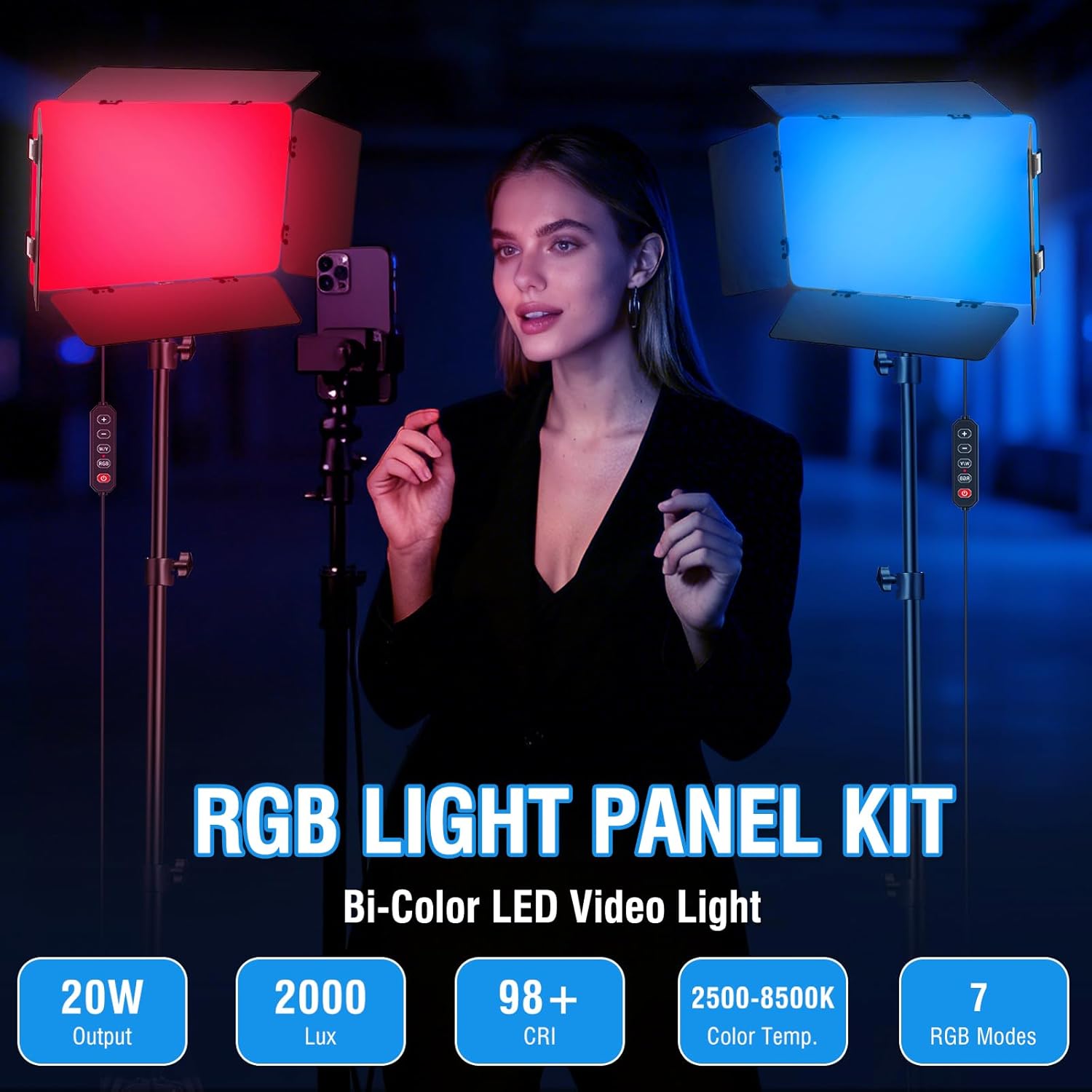 2 Pack RGB LED Video Light with Barndoor, 2500K-8500K CRI 98+ Dimmable Bi-Color LED Studio Light Panel, 12 Effects Photography Lighting Kit for Video Recording Shooting Live Streaming Podcast