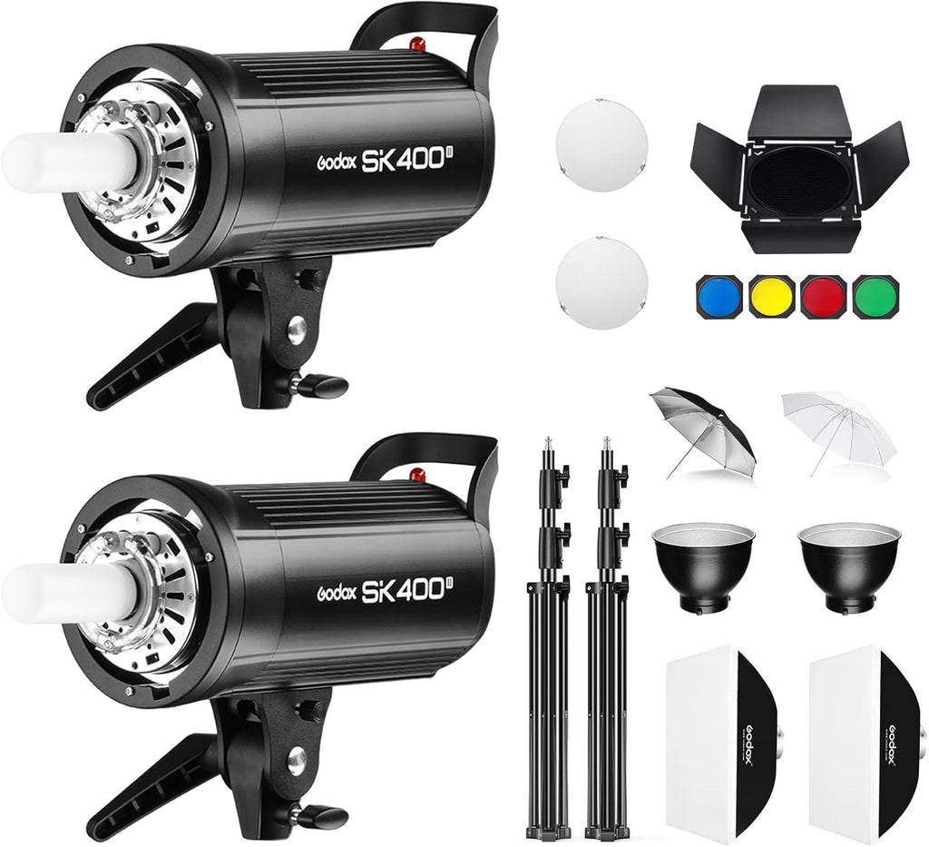Godox 2* SK400ii 800Ws Studio Strobe Flash Lighting Kit:2 Pack SK400II Monolight with Bowens Mount for Photography and Studio Video Shooting with Light Stand,Softbox,Umbrella,Reflector,Barn Door...