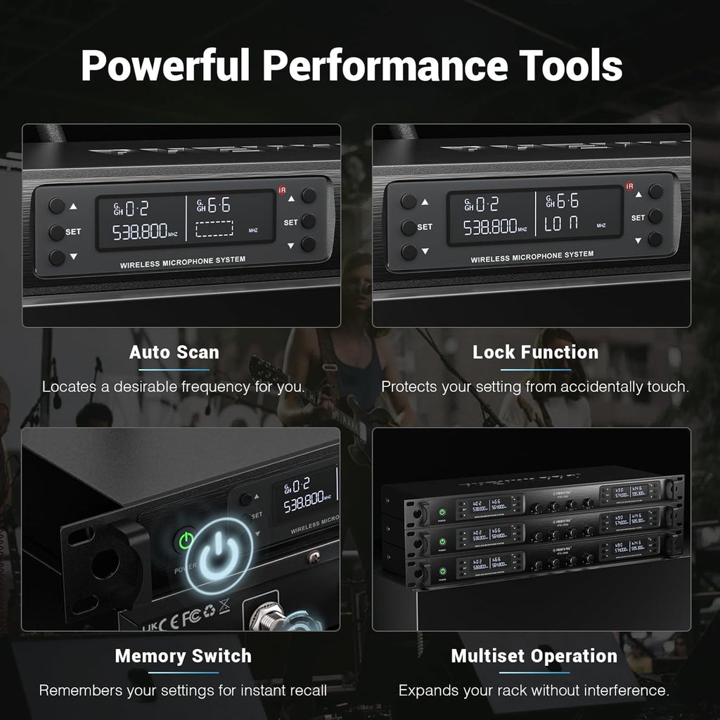 Phenyx Pro 4-Channel Wireless Microphone System w/Auto Scan, 4x40 UHF Frequencies, 2 Handheld Dynamic Mics, 2 Bodypacks & Headsets/Lapel Microphones for Singing, DJ, Church (PTU-7000-2H2B)