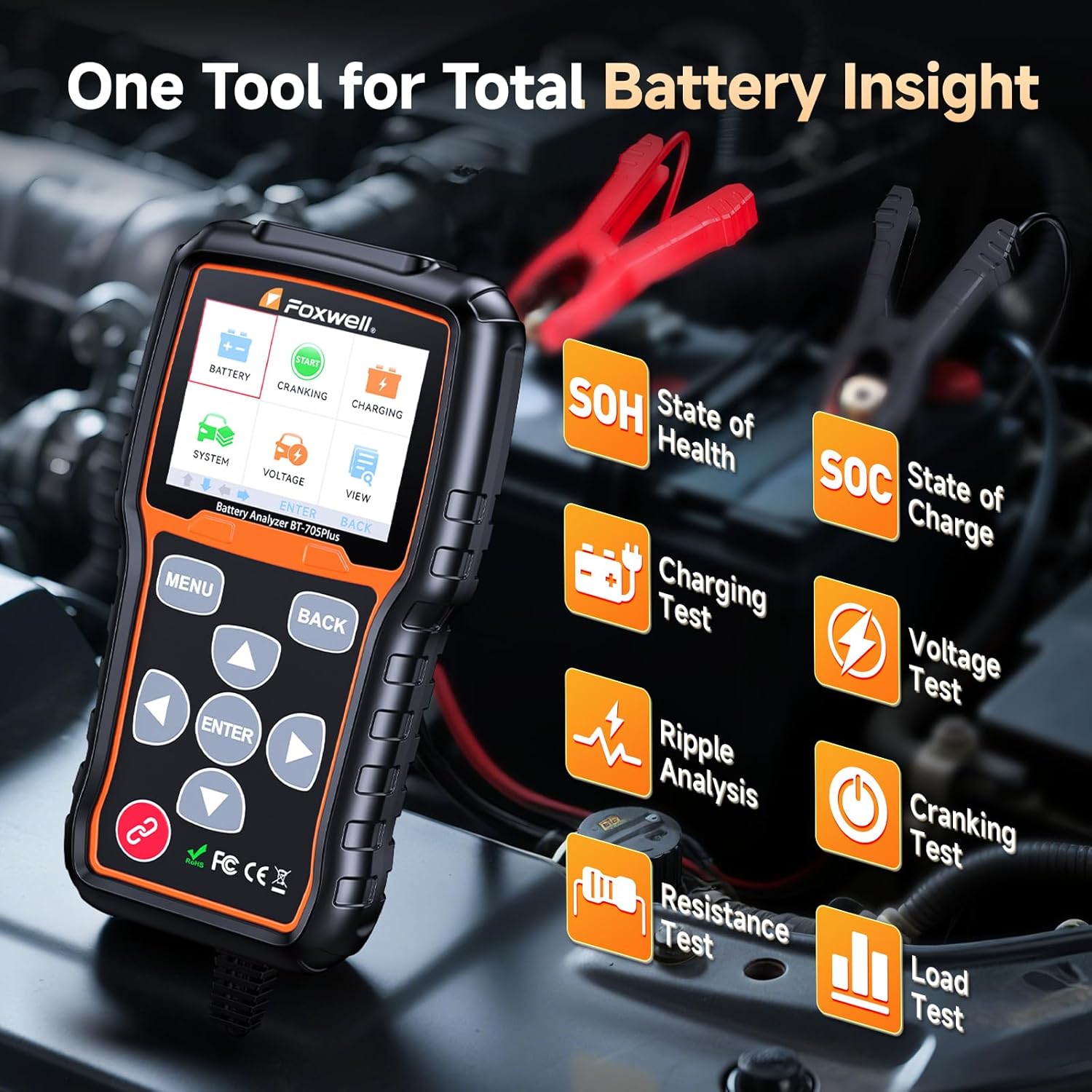 FOXWELL BT705 Plus Car Battery Tester 24V 12V Load Tester, 100-2000CCA Automotive Starter Alternator Tester, Digital Cranking Charging System Tester for Car Truck Marine Heavy Duty, Upgraded BT705