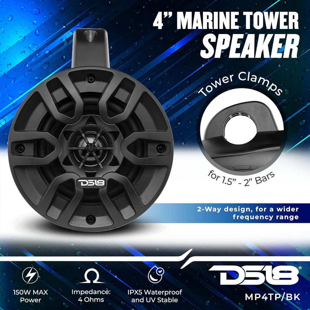 DS18 MP4TP.4A 4" 600W Bluetooth Marine Tower Speakers with Amplifier and Remote