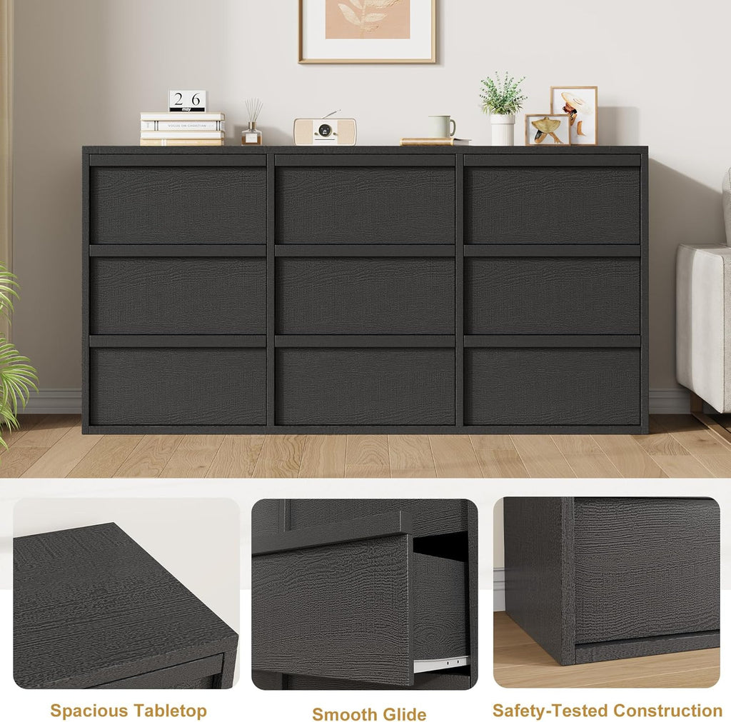 Garvee 9 Dresser for Bedroom, 58.7" Wide Dresser, Freestanding Horizontal Drawer with Storage, Wooden Closet Chest Storage for Living Room, Hallway, Entryway