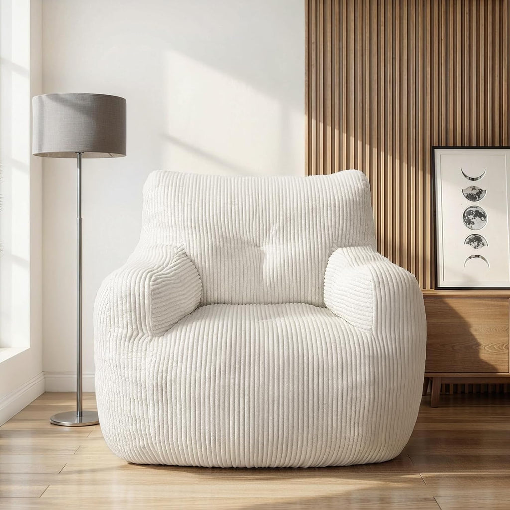 Cvortll Bean Bag Chair, Bean Bag Chair for Adults, Fluffy and Comfy Bean Bag with Filler, Bean Bag Sofa Chair for Reading, Gaming, Stuffed High-Density Foam(Beige-Corduroy)