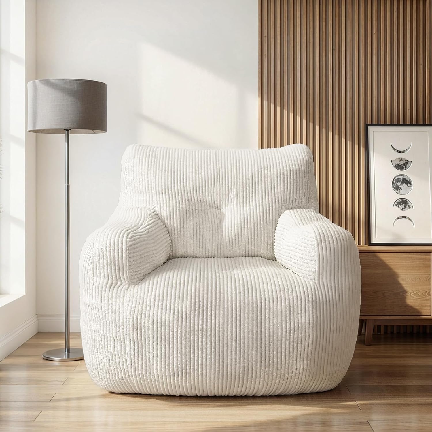 Cvortll Bean Bag Chair, Bean Bag Chair for Adults, Fluffy and Comfy Bean Bag with Filler, Bean Bag Sofa Chair for Reading, Gaming, Stuffed High-Density Foam(Beige-Corduroy)