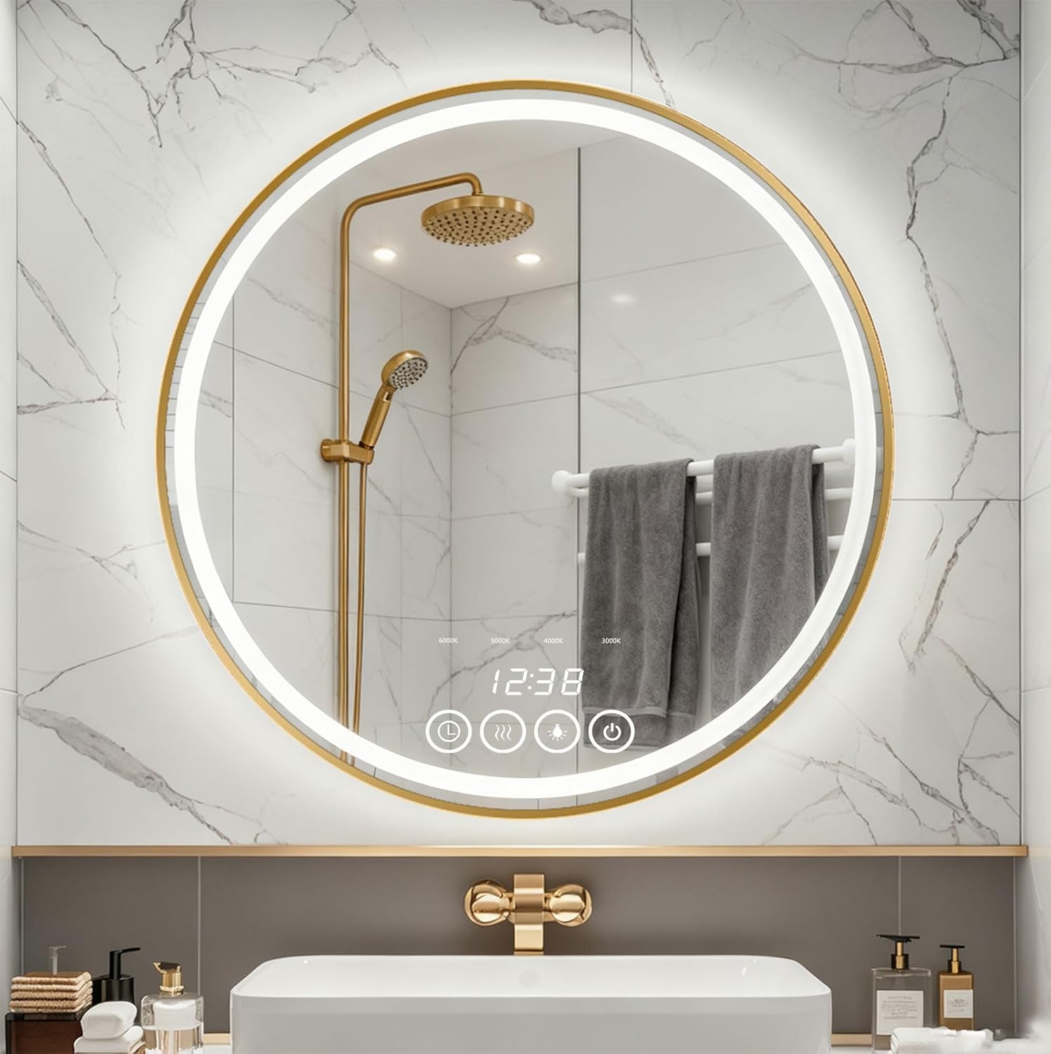 Round LED Bathroom Mirror with Lights, 28x28 Inch Gold Wall Mounted Frame Lighted Vanity Mirrors