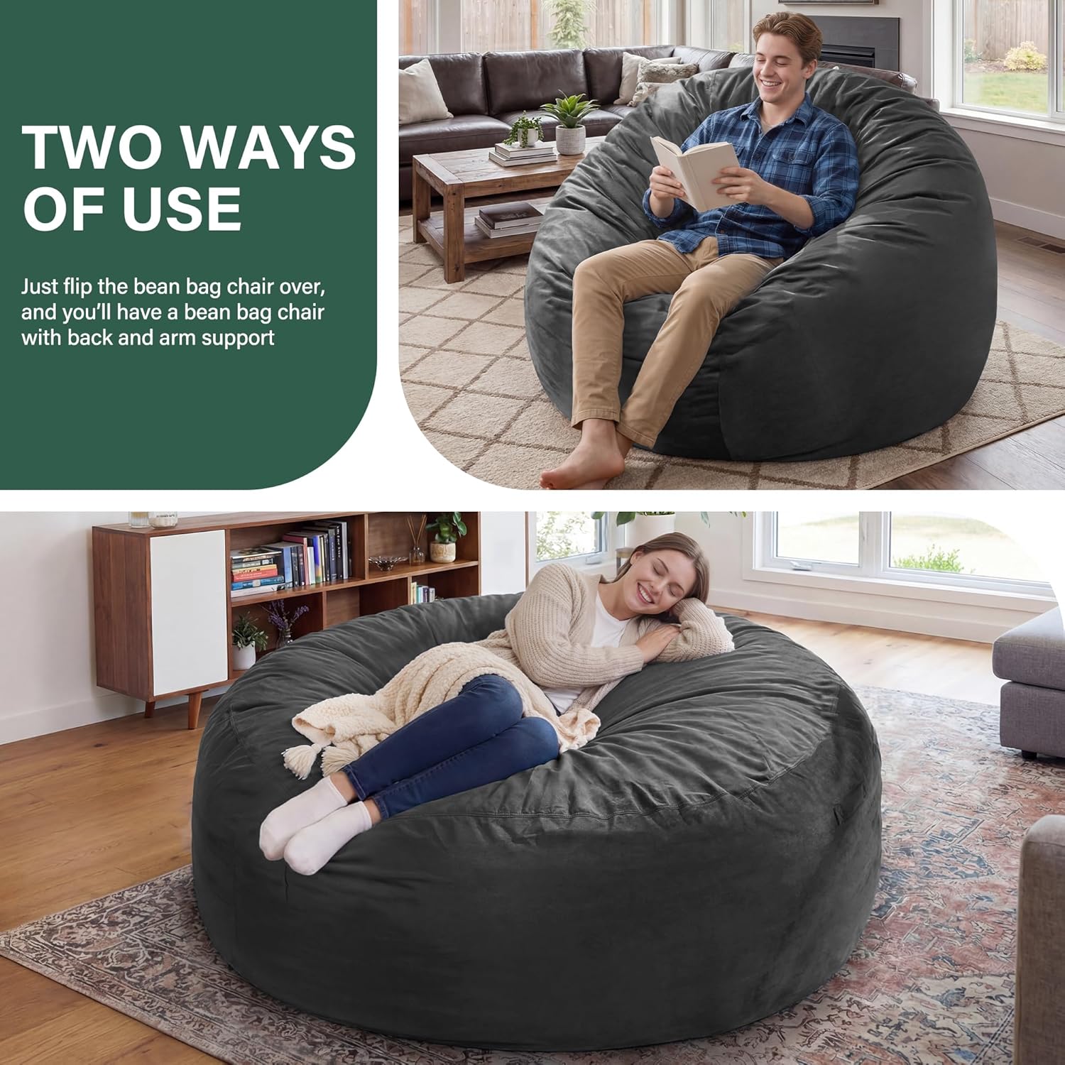 fond + found 5FT Bean Bag Chair for Adults - Giant Memory Foam Bean Bag with Removable Washable Cover, Large Comfy Bean Bag Chair with Handle & Side Pocket for Living Room, Bedroom, Gaming
