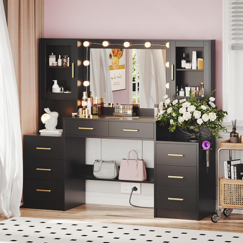TOKSOM Black Vanity Desk with Mirror, Lights & Charging Station, 58.3" 3 Lighting Modes Makeup Desk with 8 Drawers, 2 Cabinets and Lots Storage, Dressing Table Vanity Set with Lighted Mirror