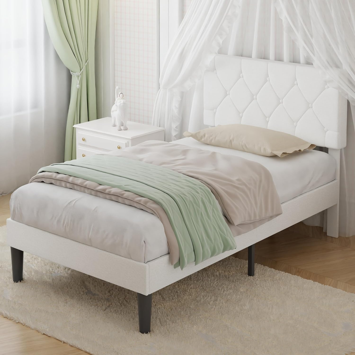 VECELO Twin Size Bed Frame with Button Tufted Headboard, Upholstered Platform Bedframe with Wood Slat Support, No Box Spring Needed, White
