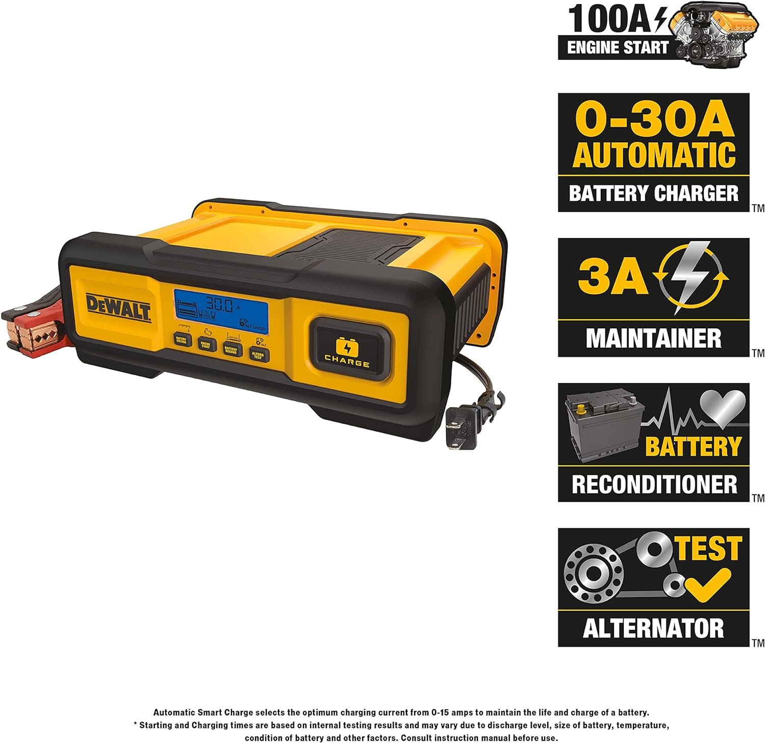 DeWalt DXAEC100 Professional 30 Amp Battery Charger, Battery Maintainer, Battery Trickle Charger
