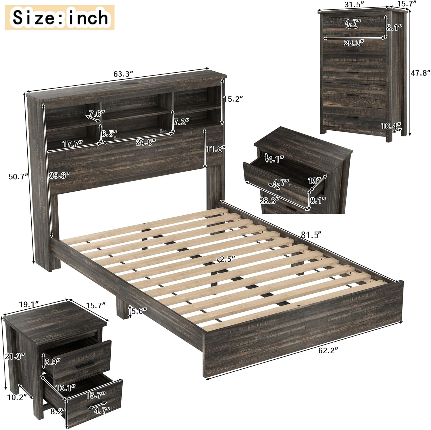 Merax 4-Pcs Queen Size Bed Frame Dresser Night Stand Bedroom Set, Platform with USB Charging Ports Storage Headboard & 1 x 5 Drawers Cabinet & 2 x Nightstands, Wooden, Antique Grey