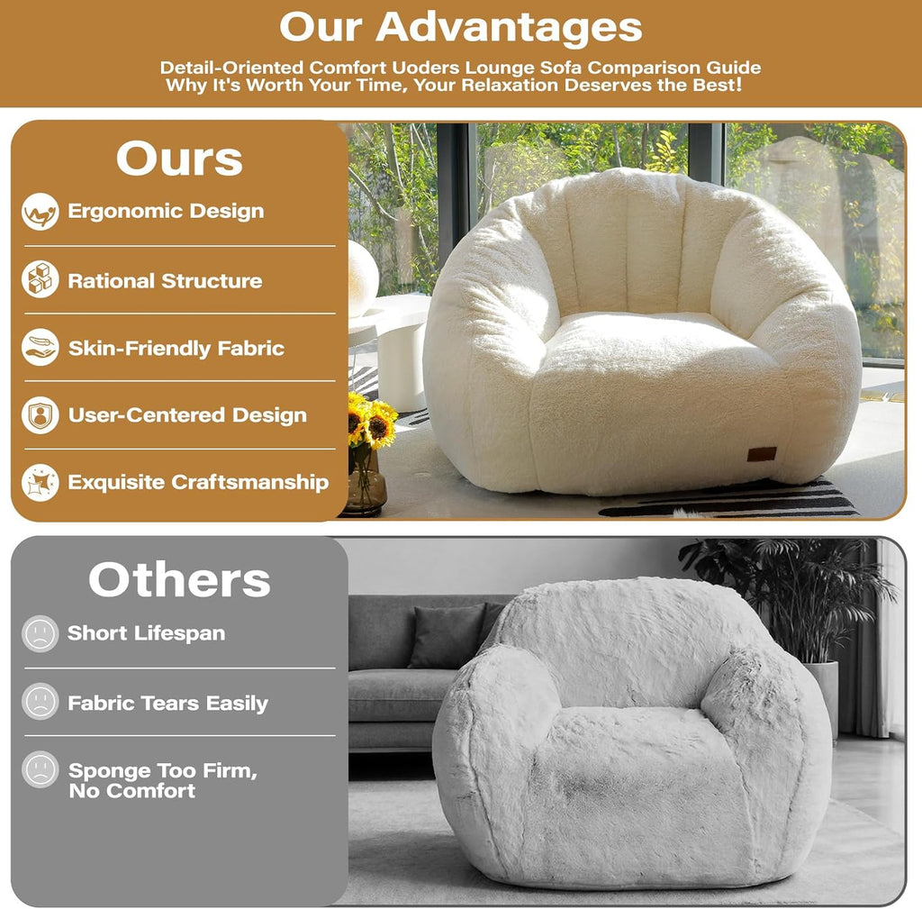 Giant Bean Bag Chair for Adults, Teens and Kids, Cozy Fluffy Corduroy Beanbag Chair with Filler, Large Floor Lounge Sofa for Living Room, Bedroom, Dorm, Gaming and Reading(L-Ivory)