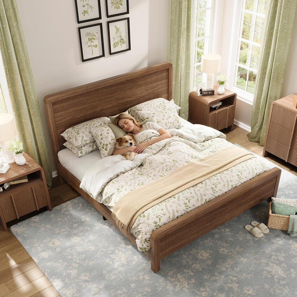 AMERLIFE Wood Queen Size Bed Frame with Headboard & Footboard, Modern Fluted Wooden Platform Bedframe with Rounded Safety Edges, Wood Slat Support, No Box Spring Needed, Easy Assembly, Walnut