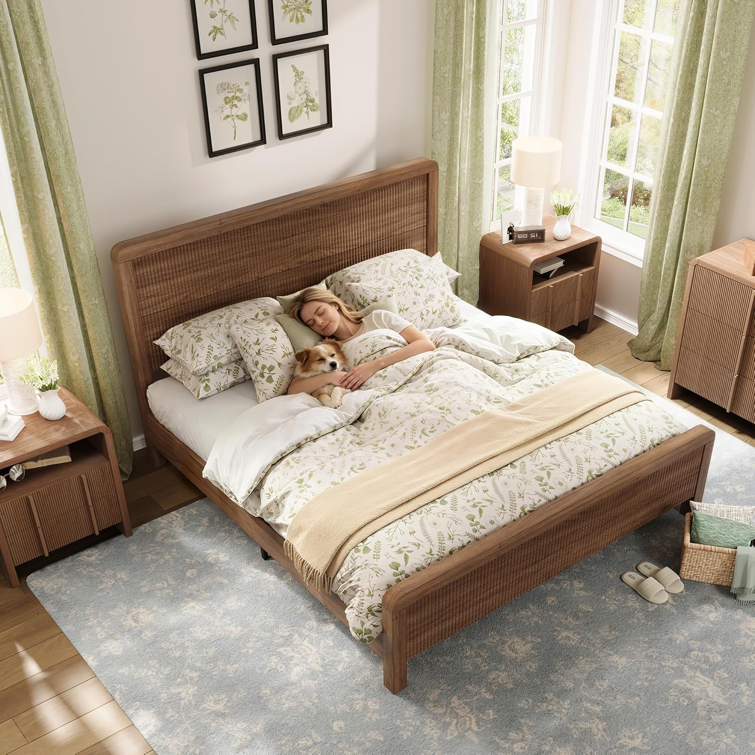AMERLIFE Wood Queen Size Bed Frame with Headboard & Footboard, Modern Fluted Wooden Platform Bedframe with Rounded Safety Edges, Wood Slat Support, No Box Spring Needed, Easy Assembly, Walnut