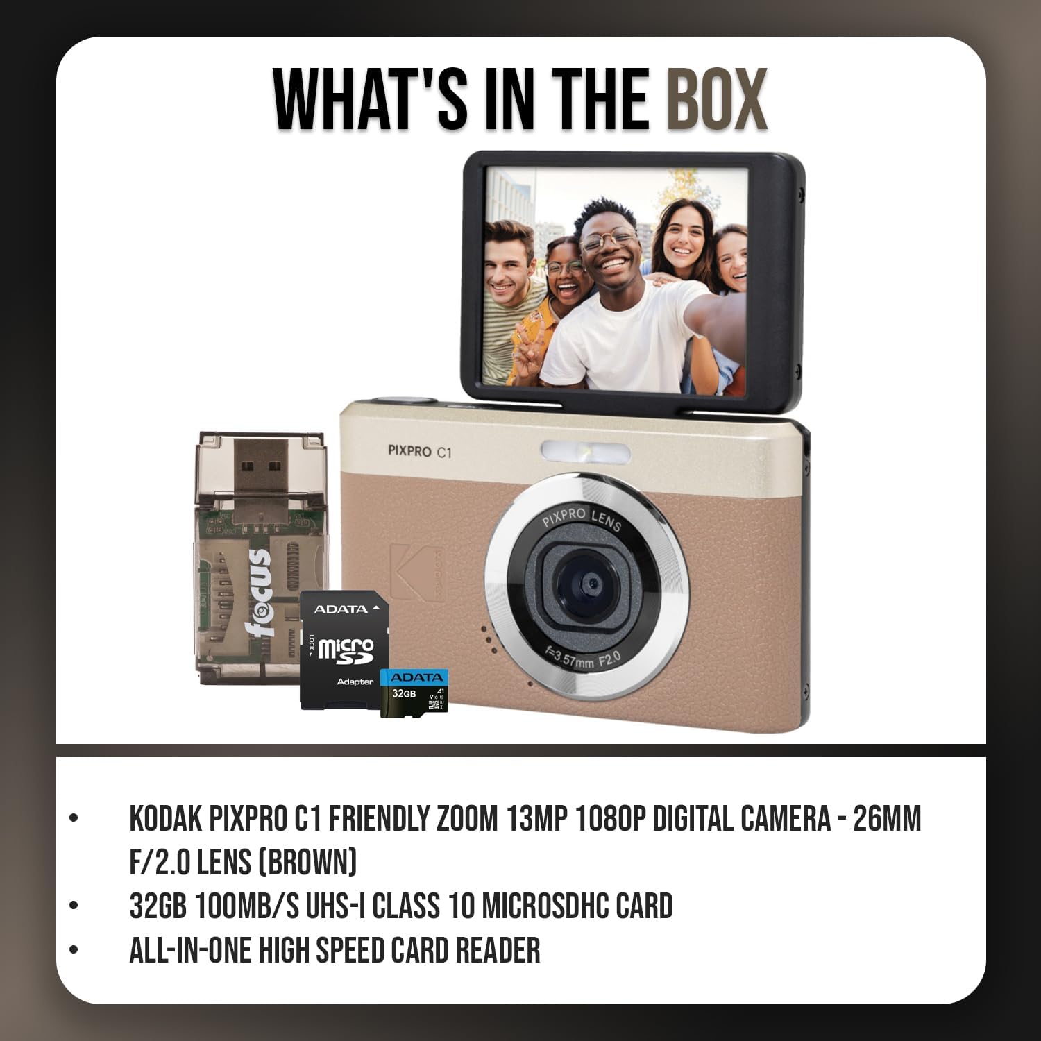 KODAK PIXPRO C1 13MP, 1080p Digital Camera (Brown) Bundle with 32GB MicroSD Card and Card Reader (3-Items)