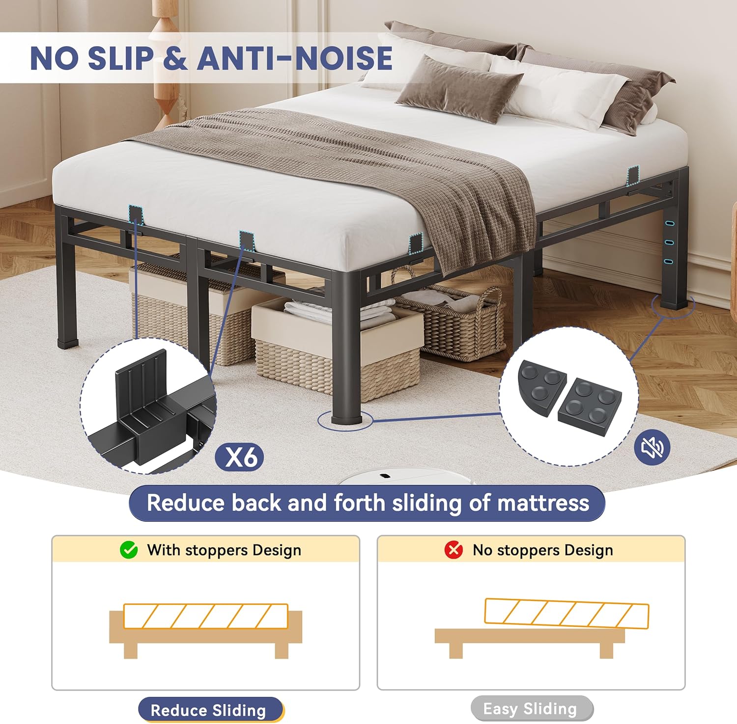 Bed Frame King Size 24 Inch Tall, Double Layer Heavy Duty Metal Bed Frames 4000 lbs Capacity, Platform Bedframes with Headboard Holes, Round Corner Legs, Mattress Slide Stopper, Easy Assembly