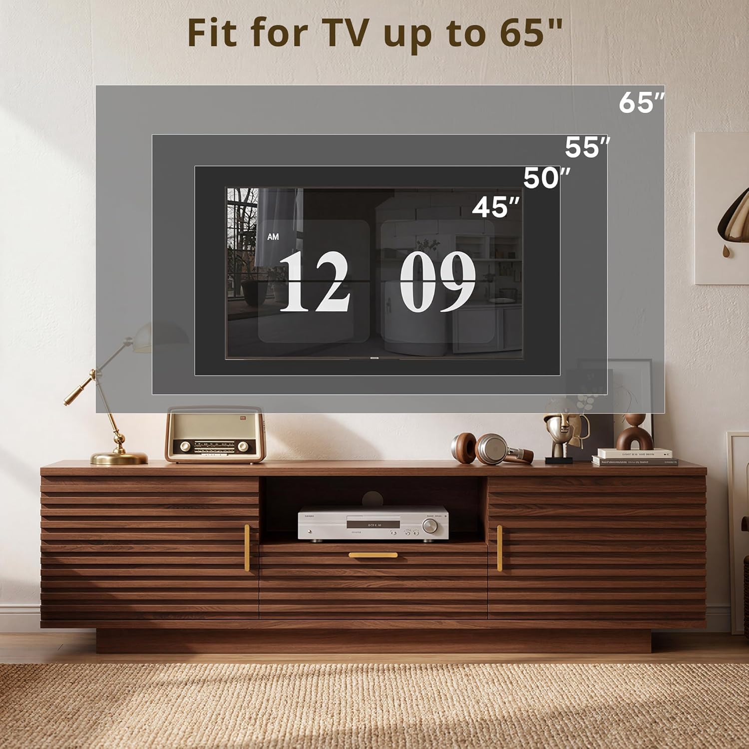 IRONCK TV Stand for TVs up to 65 Inch, Mid Century Modern Fluted Entertainment Center with Storage, TV Console with Cabinet and Adjustable Shelves for Living Room, Bedroom, Walnut