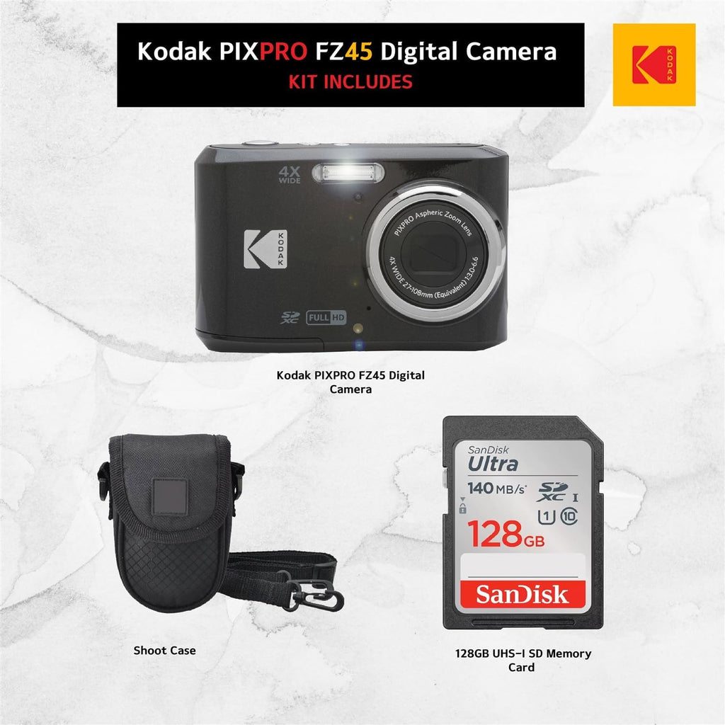 Kodak PIXPRO FZ45 Digital Camera (Black), Point & Shoot Camera Case, Sandisk 128GB SDXC Memory Card